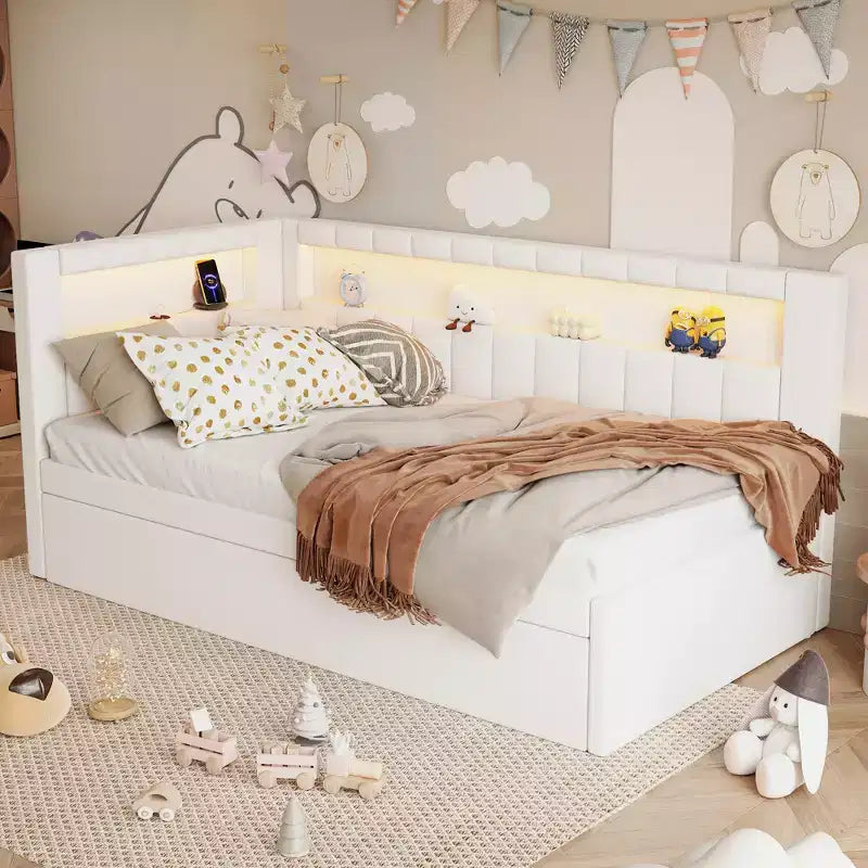 Daybed in Twin-/Full-Größe mit Ausziehbett und L-förmigem Bücherregal-Kopfteil, weiches Eckbett mit Leinenpolsterung, Ablagefächern und LED-Band