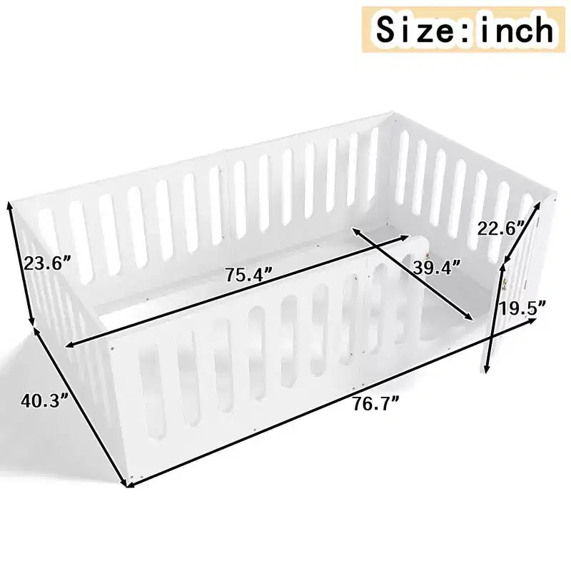 Cama Montessori blanca de tamaño individual para el suelo con barandillas y puerta, madera maciza, para 1 niño