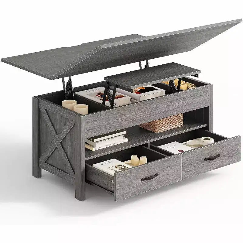 Table basse relevable avec espace de rangement, style ferme, avec deux tiroirs, pour le salon et le bureau à domicile