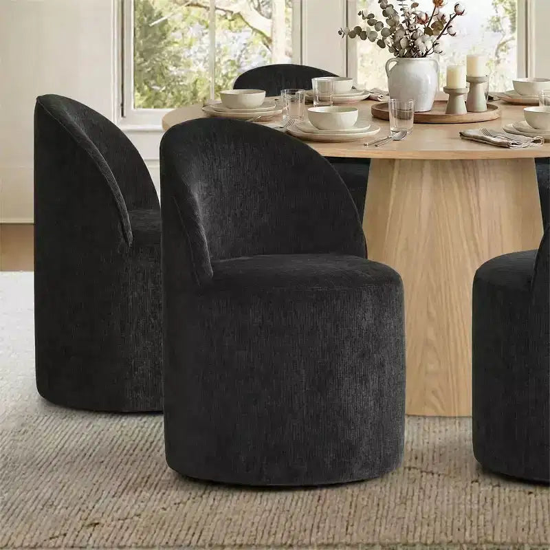 Modern Dining Table Set For 6, Round Pedestal Dining Table, Swivel Rolling Barrel Chairs With Wheels, Textured Chenille- Panipeachy