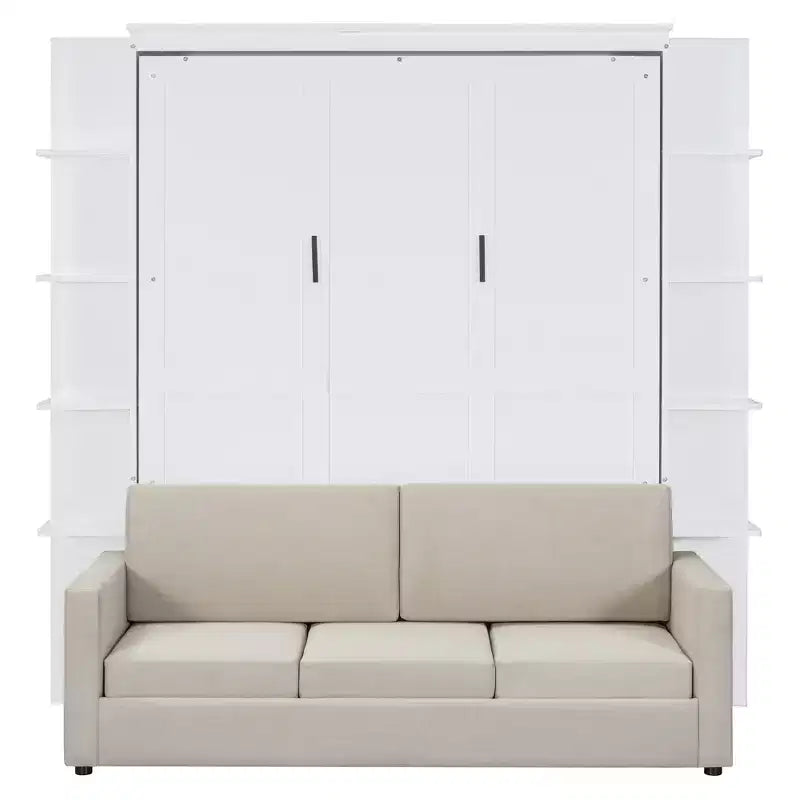 Lit escamotable mural Whisen au format queen, avec cadre en bois, canapé et étagères, au design moderne