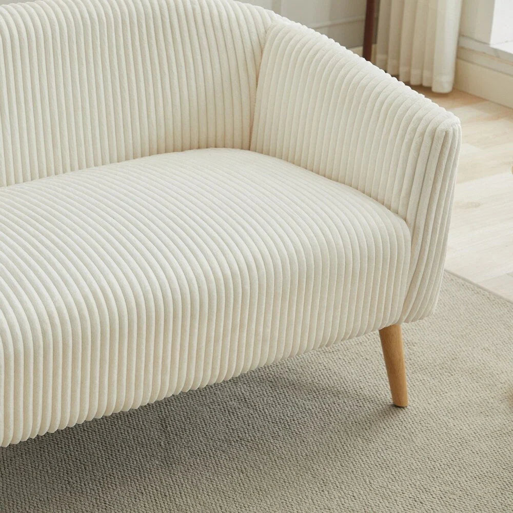 2-zitsbank met bekleding van corduroy en houten poten in walnootkleur
