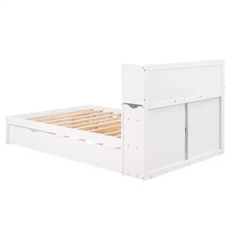 Eenpersoons platformbed met opbergruimte, uitschuifbed, boekenkasthoofdbord en oplaadstation, houten bedframe met planken en laden