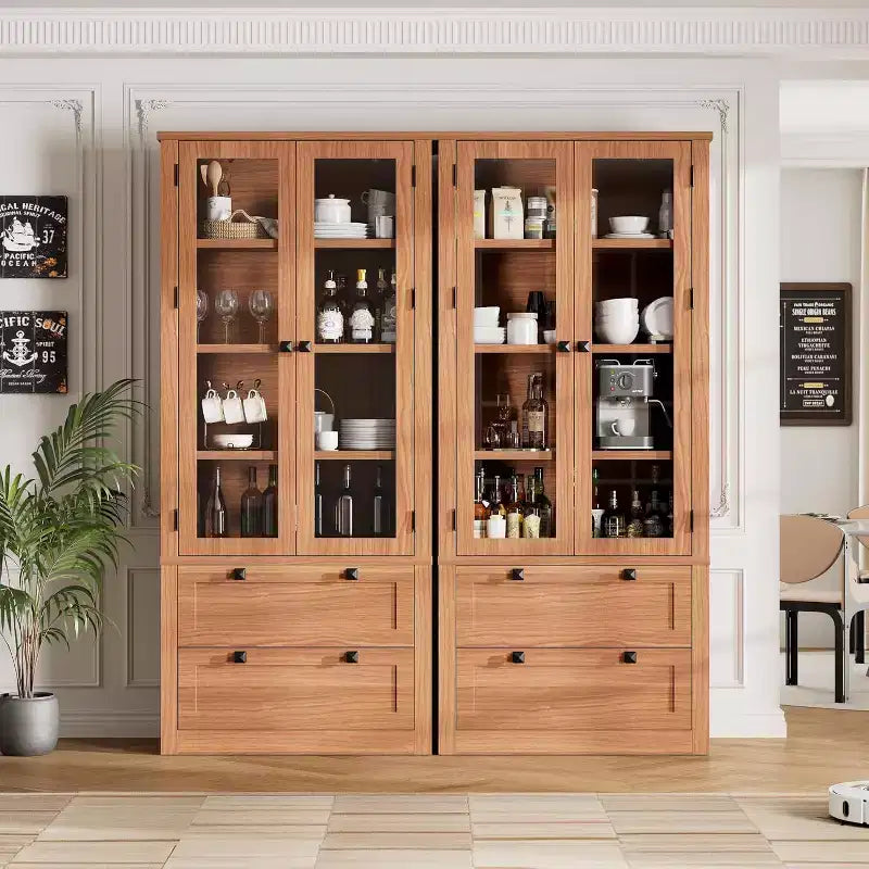 Farmhouse Kitchen Pantry Cabinet with Glass Doors, 72in Storage Cupboard with Drawers and Adjustable Shelves for Dining Room Bathroom Living Room