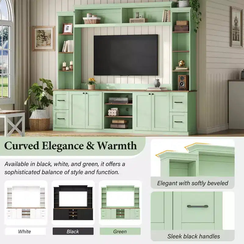 ModernLuxe 4-in-1 Farmhouse Entertainment Center Wall Unit, Fits TVs Up to 70, TV Stand Media Console w/ Adjustable Shelves & Drawers