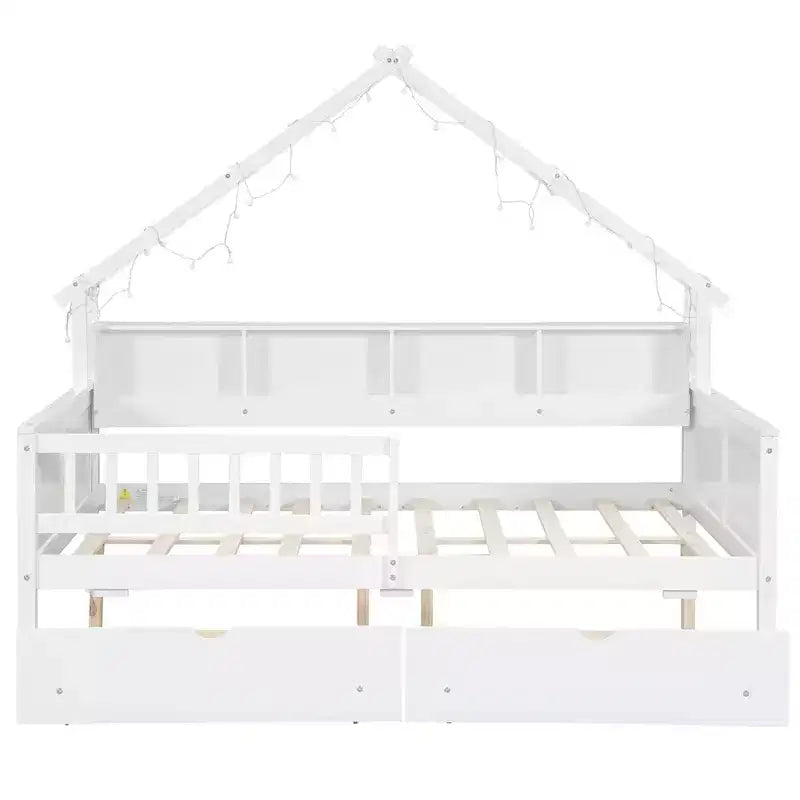 Full Size House Bed Frame with Drawers, House Platform Bed with LED Lights, Storage Shelves & Drawers, Wood Daybed with Roof and Guardrail