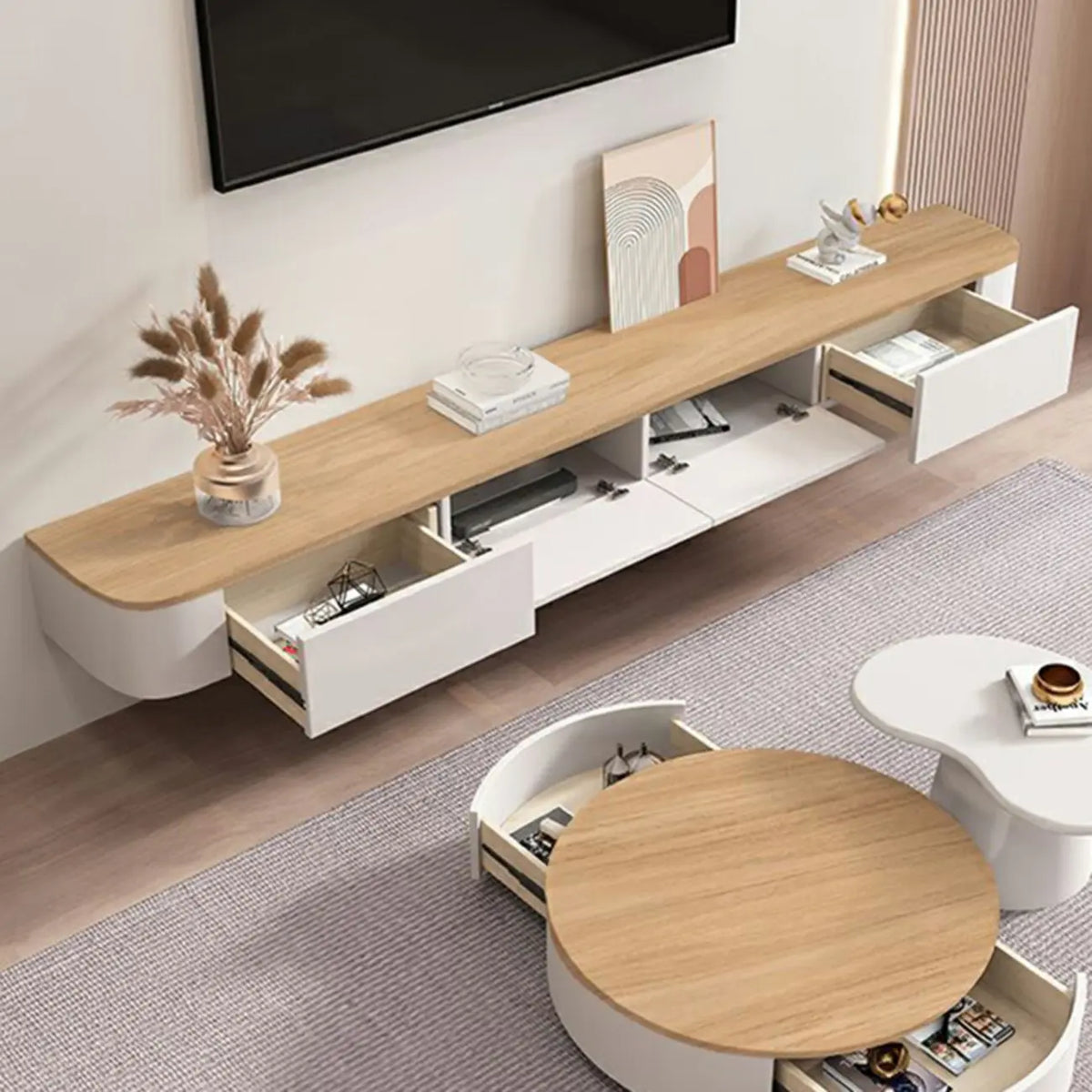 Meuble TV suspendu contemporain, long et blanc, en bois, avec tiroirs