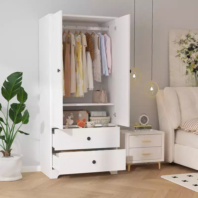 Moderne houten kledingkast van 71 inch voor de slaapkamer, met 2 deuren, 2 laden, verstelbare planken, kledingopbergruimte en kledingroede