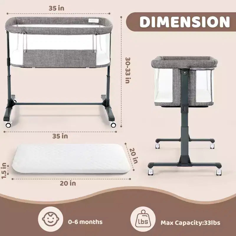 Babywiegje met wielen – beige / grijs / roze, wiegje naast het bed, voor 1 baby