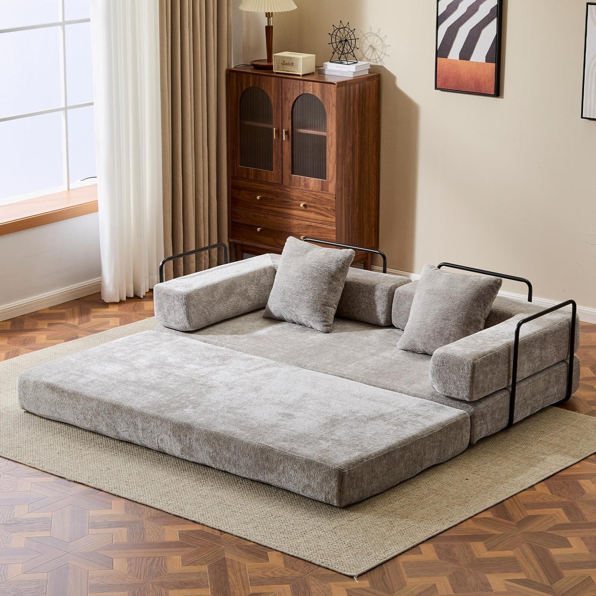 Sofá cama convertible de suelo con respaldo acolchado y tela de chenilla para la sala o el dormitorio