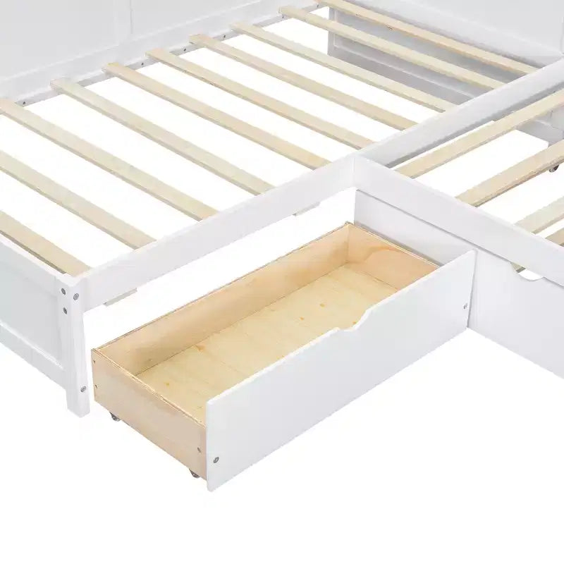 L-förmiges Plattformbett in Twin-Größe mit Ausziehbett und Ladestation, Holzbettrahmen mit Bücherregal