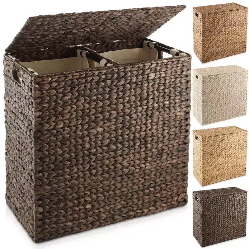 Casafield 2-Section Laundry Hamper with Lid and Removable Liner Bags, Woven Water Hyacinth Laundry Basket Sorter for Clothes