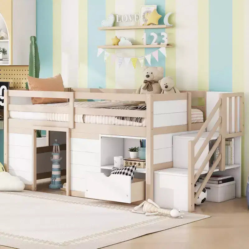 Okak Solid Wood Twin Loft Bed with Stairs & Storage,Low Profile Bunk Beds Twin with Drawers & Shelves,Multi-Functional Loft Beds for Kids,Teens