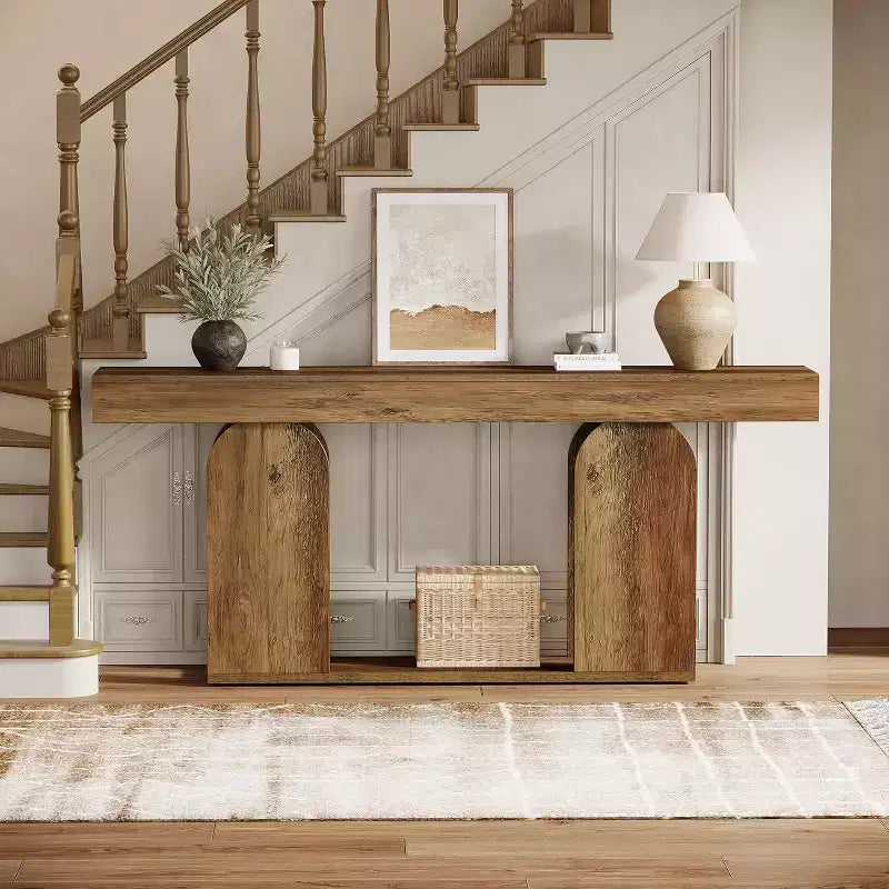 Lantine extra langer Landhaus-Konsolentisch, 70,9 Zoll, mit zweistöckigem Holzregal, geeignet für Flur, Wohnzimmer und Eingangsbereich, Vintage-Braun