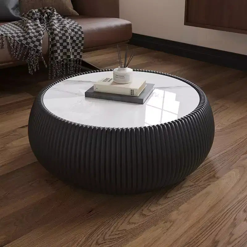 Okak Modern Round Drum Shape Coffee Table with Marble Top & Leather Side,Fashionable Center Table for Living Room,Bedroom
