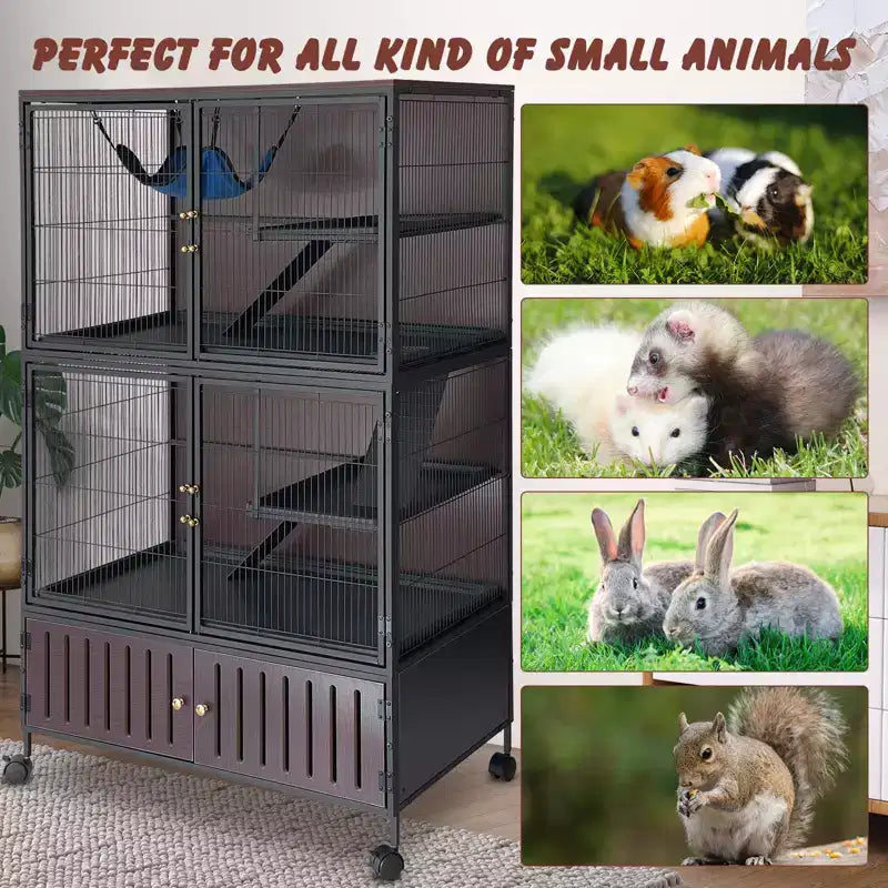 Kleine­dierenkooi, frettenkooi – leefruimte van 59 inch met 5 niveaus en opbergkast, inclusief hangmat, wielen, verwijderbare hellingen en eenvoudig te reinigen bakken