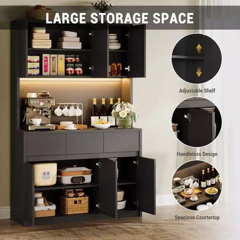 71 inch Kitchen Pantry Cabinet, Hutch Storage with Led Lights and Power Outlets, Buffet Cabinet with Microwave Stand, Adjustable Shelves
