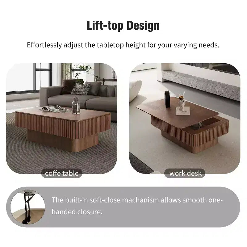 JVNOXK 38,6'' gecanneleerde salontafel met liftblad en opbergruimte, moderne accenttafel van massief houtfineer met verstelbare hoogte voor woonkamer en slaapkamer, walnootkleur