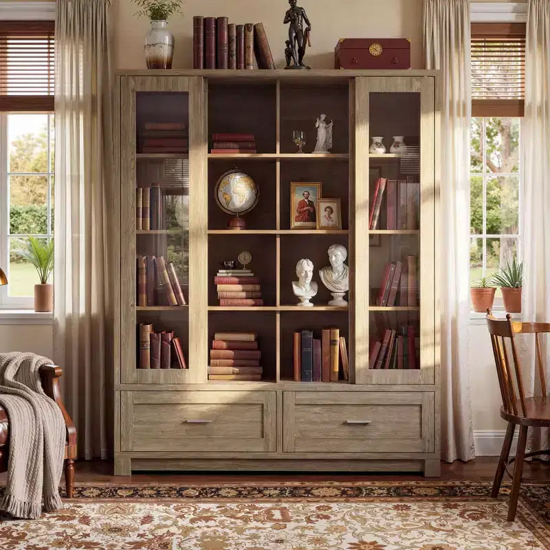 Famapy Vitrine in heller Eichenholzoptik: 160 cm breit, Schiebetüren aus Glas und Schubladenstauraum, geräumiger Organizer für Bibliotheken und Wohnzimmer