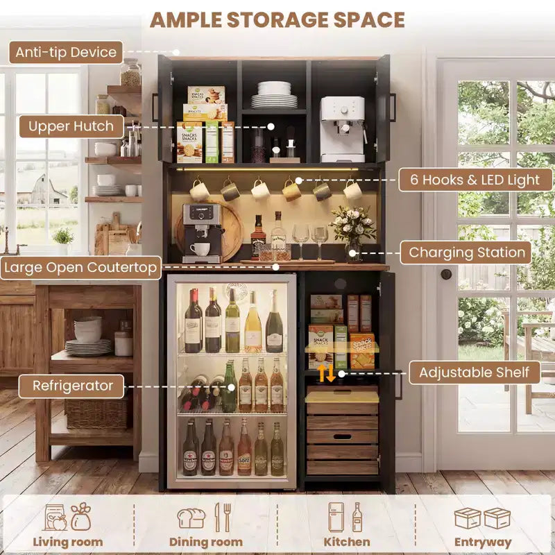 Mobile dispensa da cucina Besiost con spazio per mini frigorifero, mobile bar per caffè con ripiano contenitore