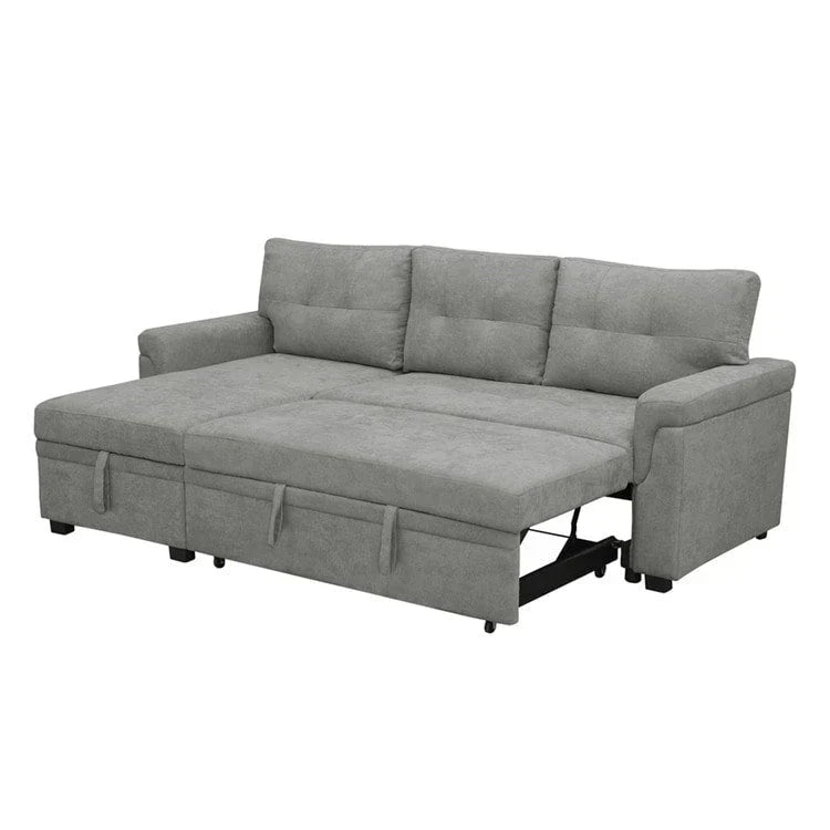 Divano componibile reversibile trasformabile con letto estraibile, chaise longue con contenitore nascosto e gambe resistenti