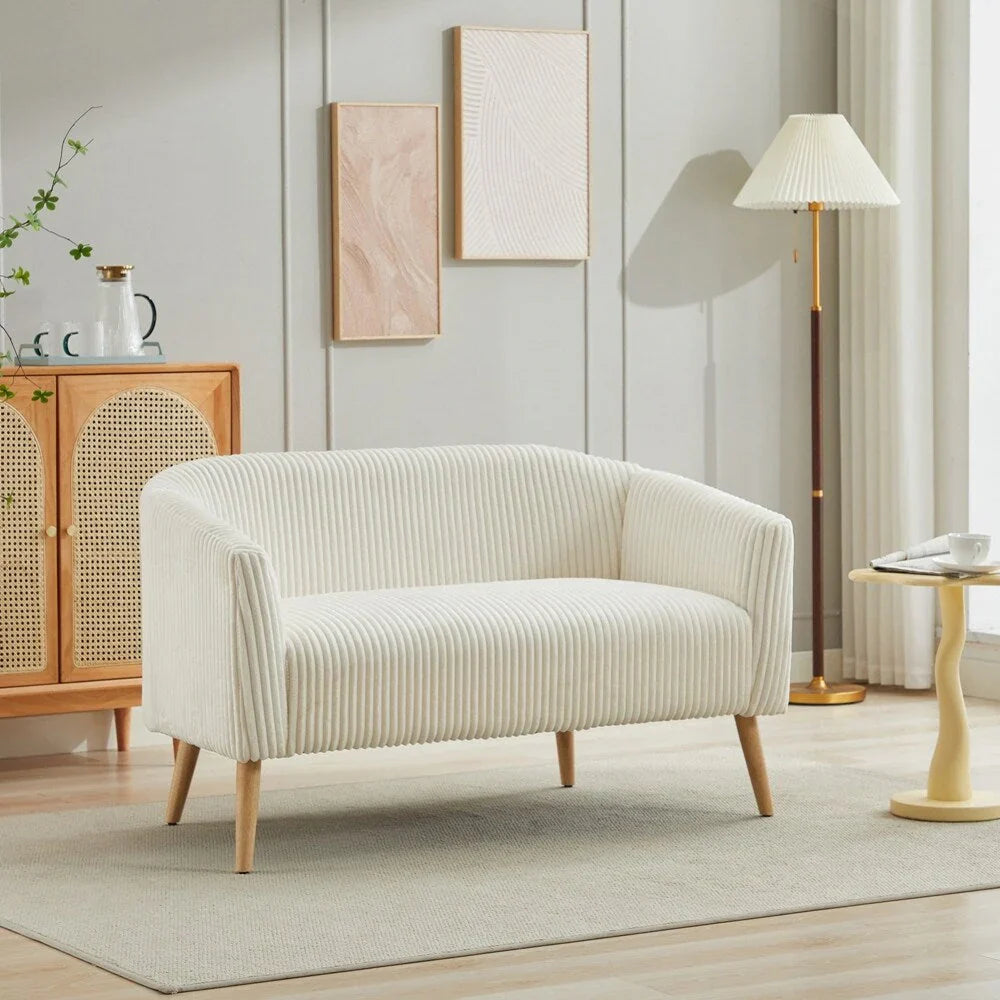 2-zitsbank met bekleding van corduroy en houten poten in walnootkleur