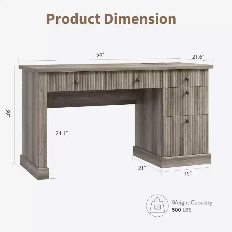 Geriffelter Stauraum-Schreibtisch fürs Homeoffice, moderner Chefschreibtisch mit 54 Zoll und Ladestation, Computertisch aus Holz mit Aktenschubladen fürs Arbeitszimmer