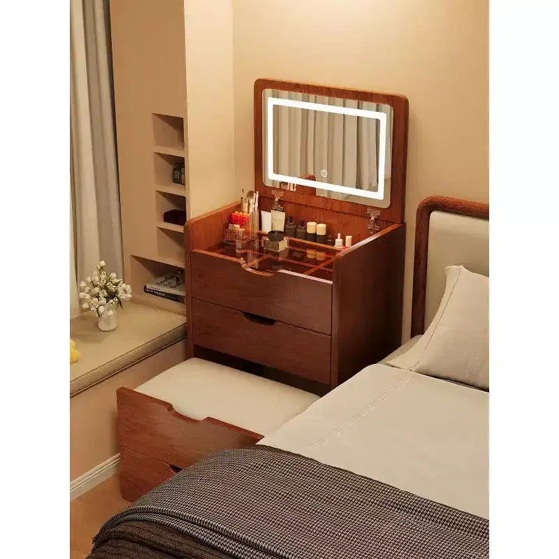 Okak 3-in-1-kaptafel met opklapbare spiegel, compacte kaptafel met zichtbaar glazen blad en gewatteerde kruk, kaptafelbureau voor de slaapkamer