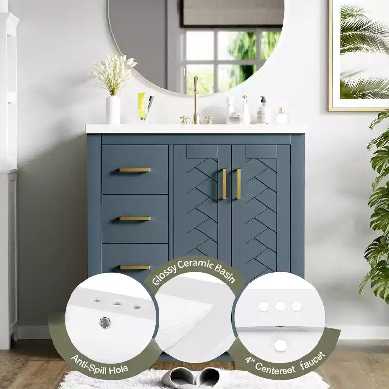 30 Single Sink Bathroom Vanity with Cabinet & 3 Drawers 鈥?Black / Blue / Green / Indigo / White