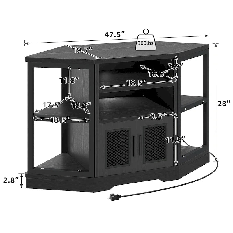 Meuble TV d’angle de style maison de campagne, centre de divertissement et console multimédia pour téléviseurs jusqu’à 55 po, avec prise électrique