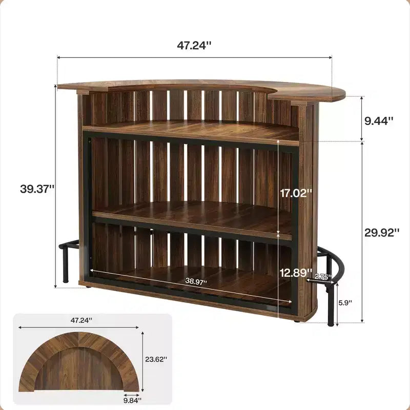 4-poziomowy mini bar w kształcie łuku, nowoczesna rustykalna szafka barowa do domu z podnóżkiem i konstrukcją z MDF