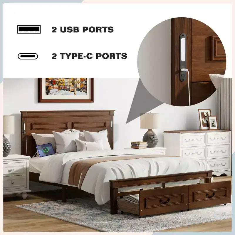 ModernLuxe platformbed voor eenpersoons- of tweepersoonsformaat met hoog hoofdbord, rustiek houten bedframe met 2 laden, ledverlichting en USB-poorten