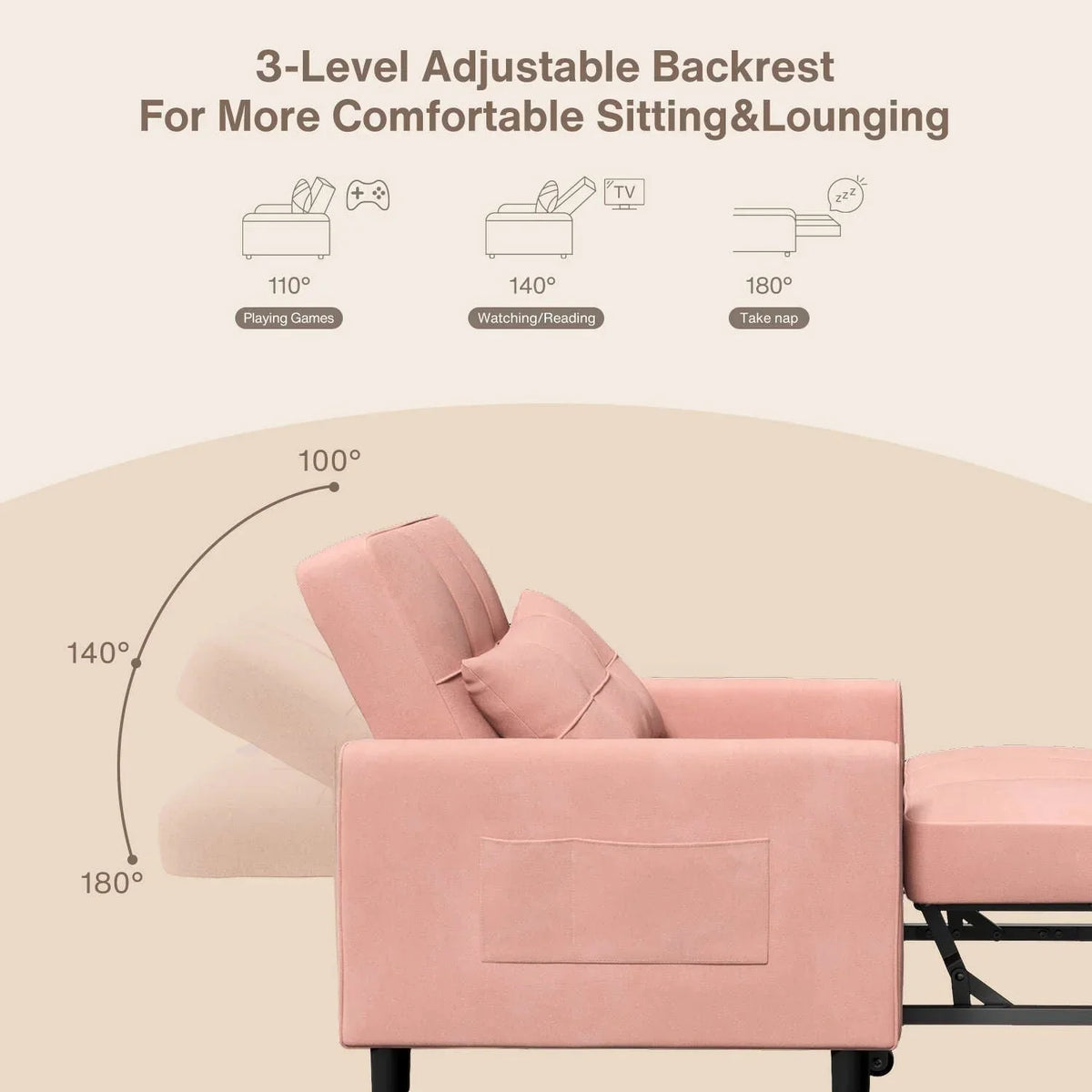 3-in-1-Schlafsofa mit verstellbarer Rückenlehne, ausziehbarer Sessel, umwandelbares Klappbett fürs Wohnzimmer