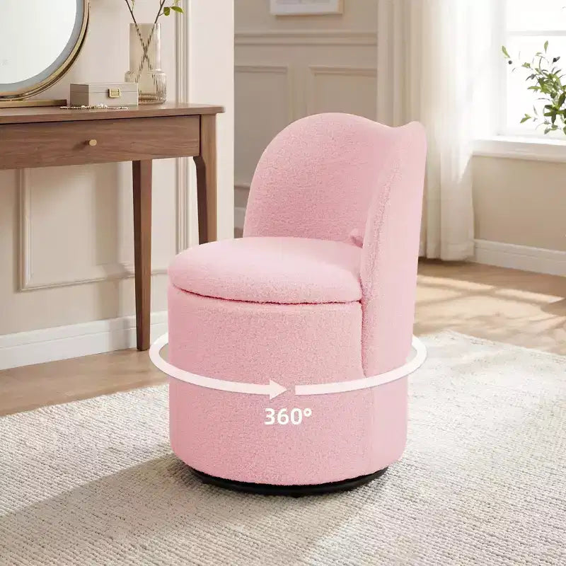 Swivel Vanity Chair with Storage, Upholstered Round Makeup Stool with Back, Soft Padded Barrel Accent Armchair for Bedroom & Living Room
