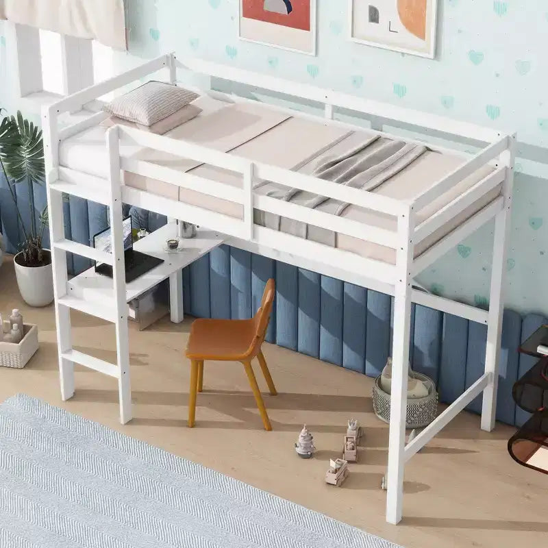 Okak Minimalism Loft Bed with Ladder, Rubber Wood Twin Loft Bed with Safety Guardrail and Build-In Desk, Bed Frames for Kids, Teenagers