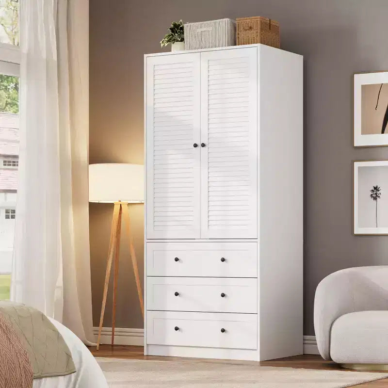 Armoire-penderie COZONY avec 3 tiroirs et 2 portes, meuble de rangement moderne en bois pour chambre, grande armoire blanche sur pied