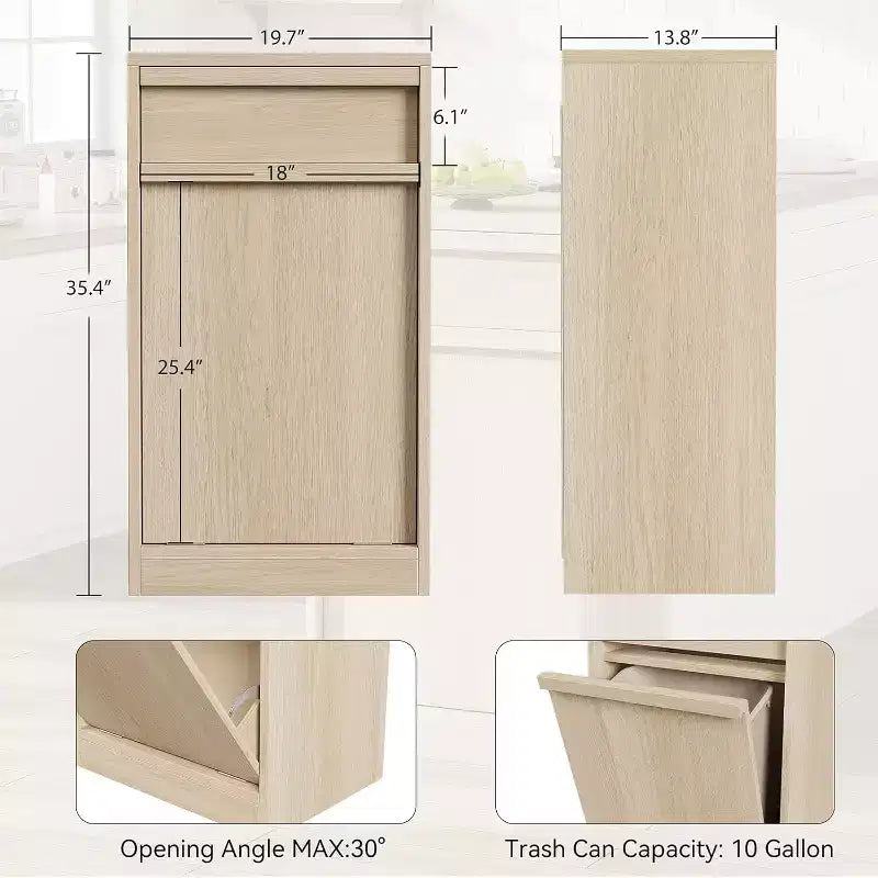 Tiltable Trash Can, Natural Oak, Trash Can with Storage and Drawer, Hidden Trash Cabinet, Laundry Basket for Kitchen, Dining Room, Living Room