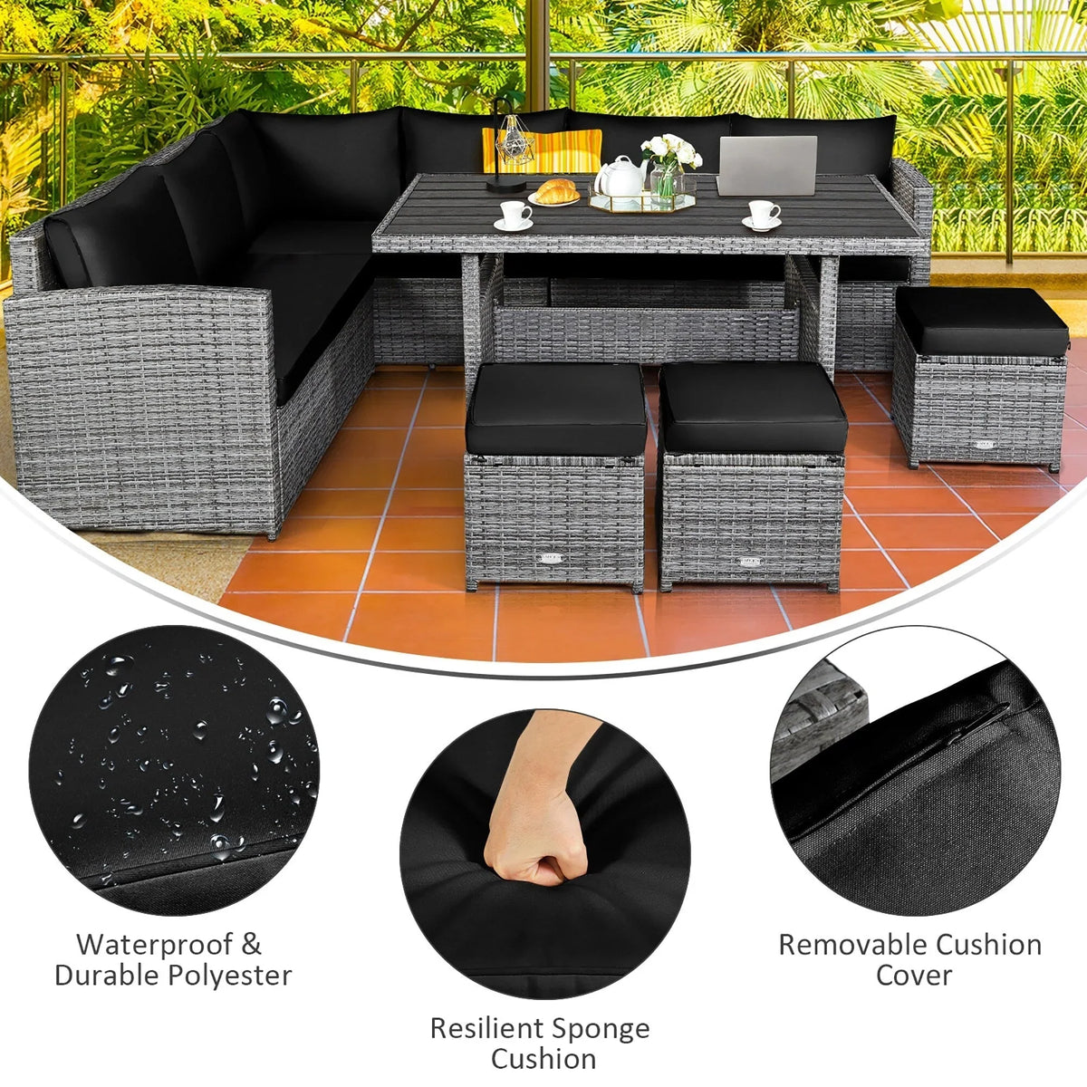 Costway 7-delige eethoek voor de patio van rotan, modulaire bank, fauteuil en voetenbank - Bekijk de details