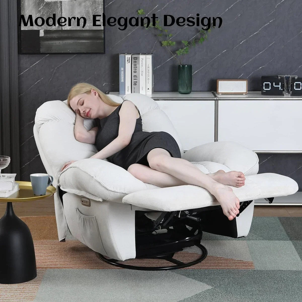 XINMICS draaibare elektrische relaxstoel, massagestoel met schommelstand, verwarming, USB, USB-C en zijvak