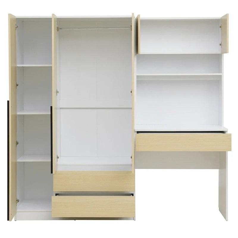 3-in-1 Wardrobe Closet with Vanity Desk, Desk Set, Bedroom Armoire with 2 Drawers 3-Door Storage Desk Wardrobe