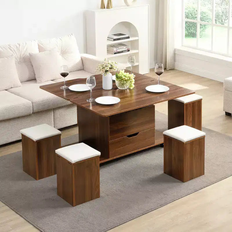 Table basse moderne multifonctionnelle relevable avec rangement dissimulé, 4 tabourets et roulettes, idéale pour les espaces de vie modernes