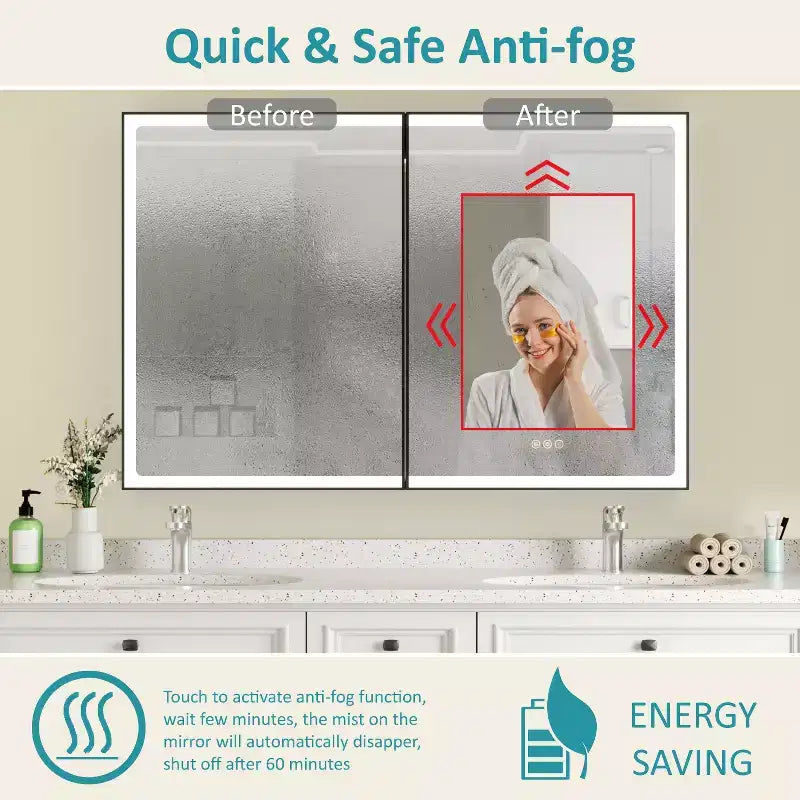 Bathroom Medicine Cabinet with LED Mirror, Surface or Recessed Mount, Dimmable Light, Anti-Fog, Adjustable Shelving