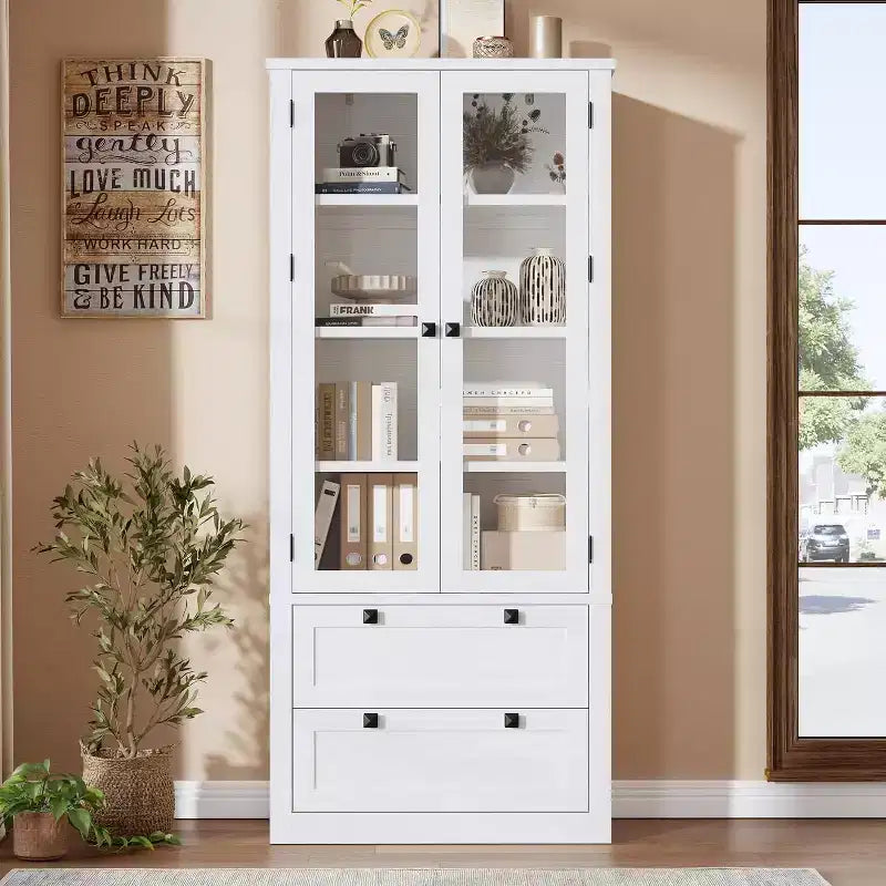 Farmhouse Kitchen Pantry Cabinet with Glass Doors, 72in Storage Cupboard with Drawers and Adjustable Shelves for Dining Room Bathroom Living Room