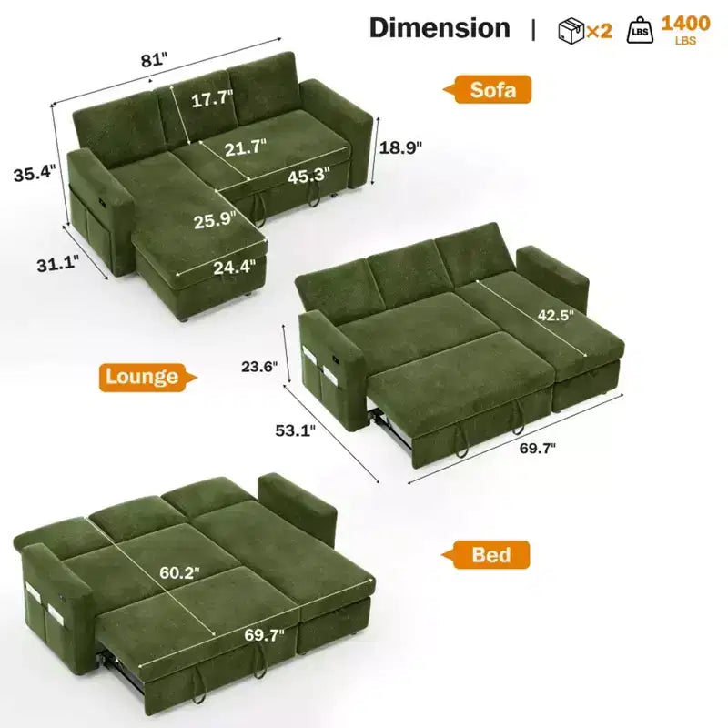 2-in-1-Ausziehsofa mit Stauraum und Ottomane, Chenille-Ecksofa mit USB-Anschlüssen für das Wohnzimmer