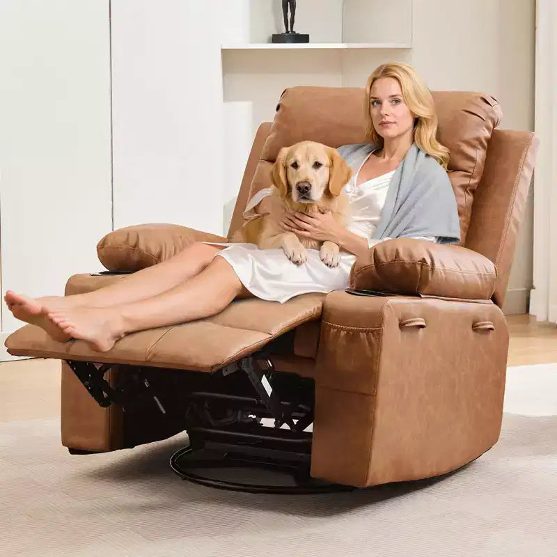 Sillón reclinable mecedor giratorio de 360° extragrande con masaje y calor: silla ergonómica de descanso con portavasos y bolsillos laterales para la sala de estar o el dormitorio infantil