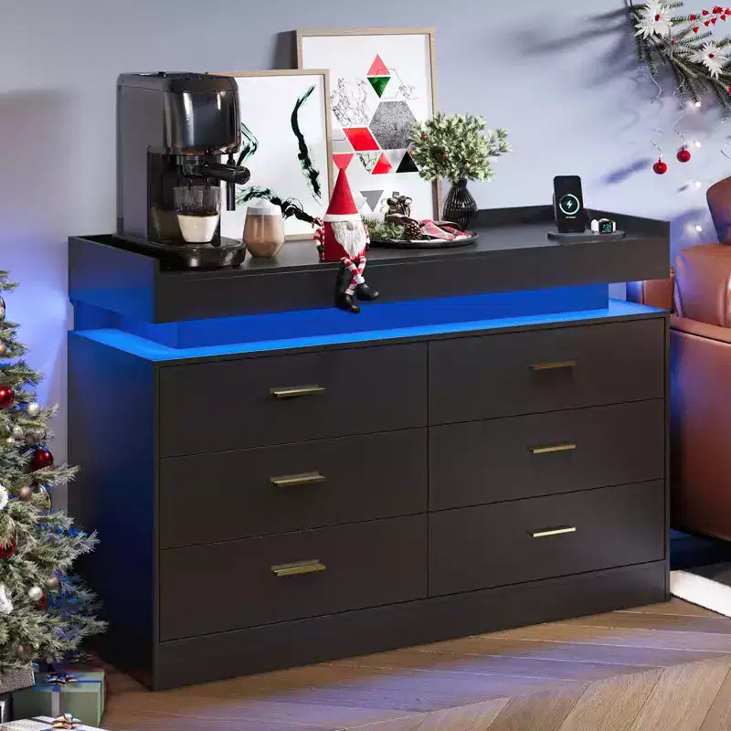 Meuble TV moderne avec 6 tiroirs et éclairage LED, comptoir flottant faisant office de bar à café pour centre de divertissement du salon