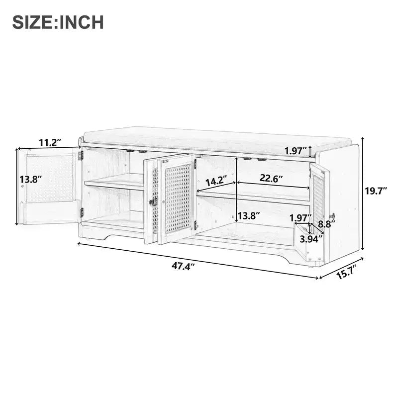 Whisen Rustic Wood Storage Bench, Entryway Shoe Bench with Removable Cushion, Adjustable Shelves