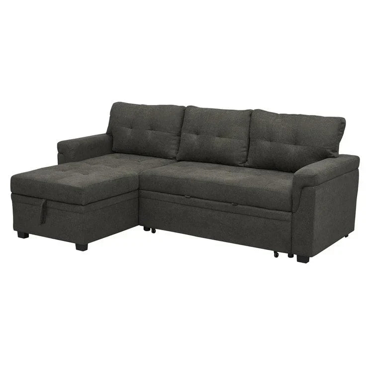 Divano componibile reversibile trasformabile con letto estraibile, chaise longue con contenitore nascosto e gambe resistenti