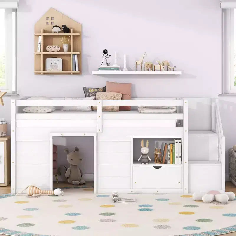 Okak Solid Wood Twin Loft Bed with Stairs & Storage,Low Profile Bunk Beds Twin with Drawers & Shelves,Multi-Functional Loft Beds for Kids,Teens