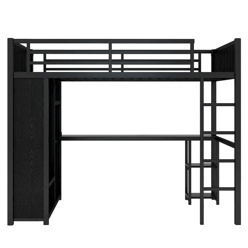 Full XL Size Loft Bed Frame with Built-in Wardrobe